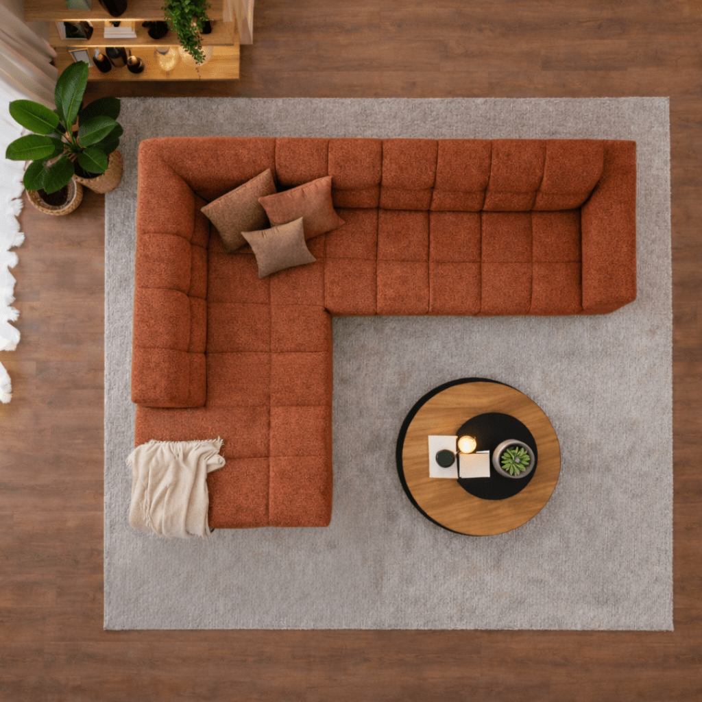 Hoekbank met lounge koper bouclé stof Nova - links