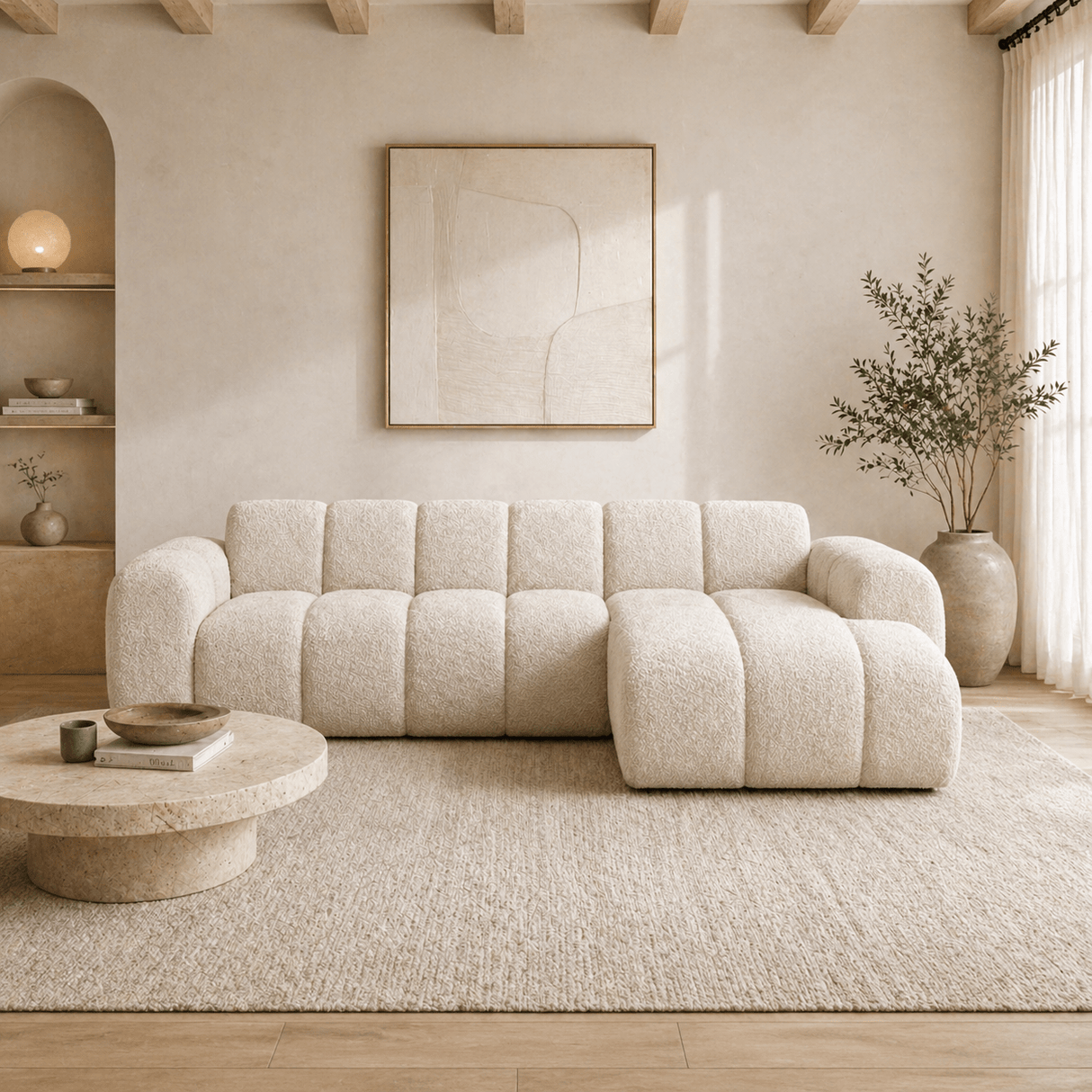 Ecksofa mit Lounge-Beige-Bouclé-Stoff – Streifen – links – Brix