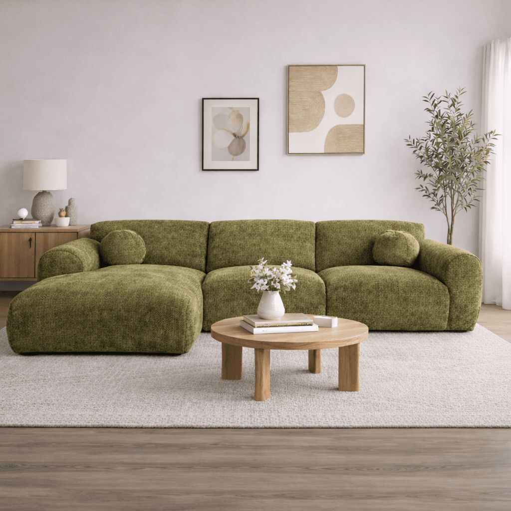 Ecksofa mit olivgrünem Chenille-Bezug, Modell Shane - links