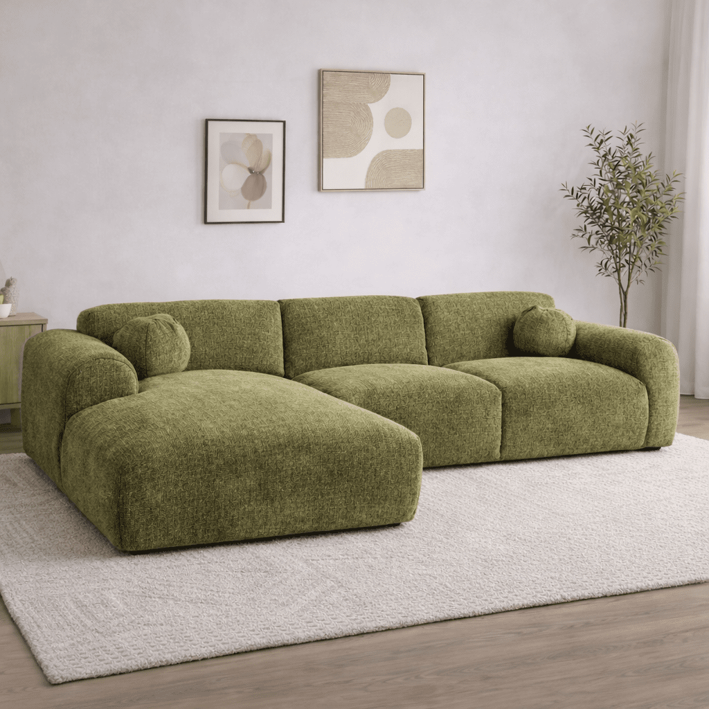Ecksofa mit olivgrünem Chenille-Bezug, Modell Shane - links