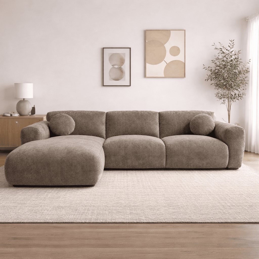 Ecksofa mit taupefarbenem Chenille-Bezug, Modell Shane - links