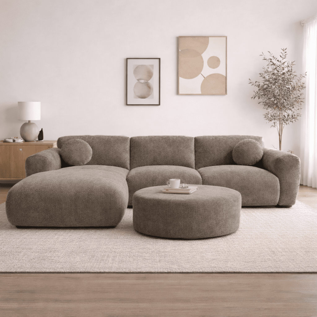 Ecksofa mit taupefarbenem Chenille-Bezug, Modell Shane - links