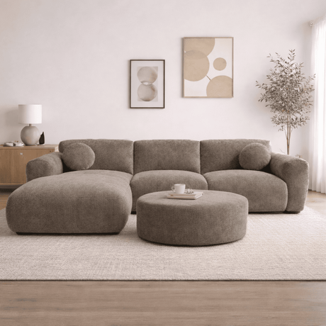 Ecksofa mit taupefarbenem Chenille-Bezug, Modell Shane - links