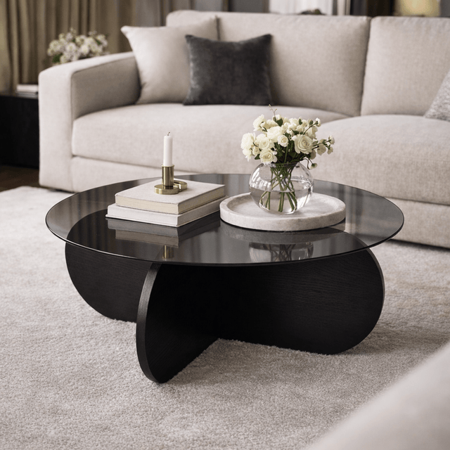 Runder Couchtisch Aris aus schwarzem Melamin und Rauchglas 75 cm – Dimehouse