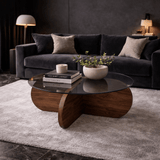 Runde Glas-Couchtisch Aris - Walnuss-Melamin-Untergestell 