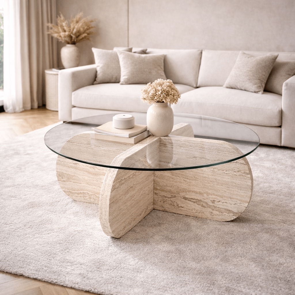 Runder Couchtisch Aris aus Travertin, Melamin und transparentem Glas, – Dimehouse