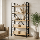 Boekenkasten - Industriële boekenkast eiken melamine Ely - zwart frame - 180x90 cm - Dimehouse