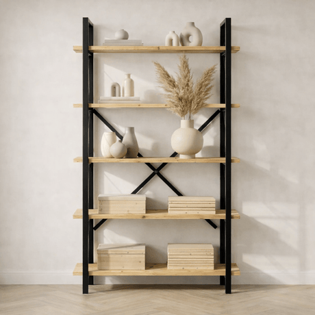 Industrielles Bücherregal aus Eichenmelamin Ely – schwarzer Rahmen – 180 x 90 cm