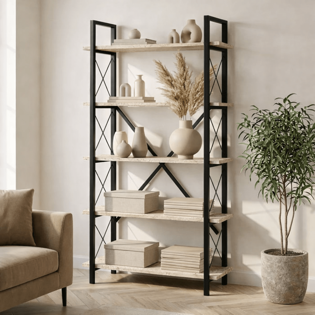 Boekenkasten - Industriële boekenkast travertin melamine Ely - zwart frame - 180x90 cm - Dimehouse