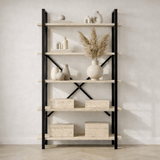 Boekenkasten - Industriële boekenkast travertin melamine Ely - zwart frame - 180x90 cm - Dimehouse