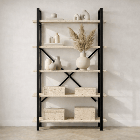 Industrielles Bücherregal aus Travertin und Melamin Ely – schwarzer Rahmen – 180 x 90 cm