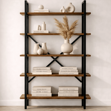 Industrielles Bücherregal aus Walnuss-Melamin Ely – schwarzer Rahmen – 180 x 90 cm