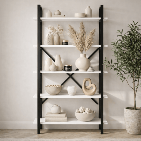 Industrielles Bücherregal aus weißem Melamin Ely – schwarzer Rahmen – 180 x 90 cm