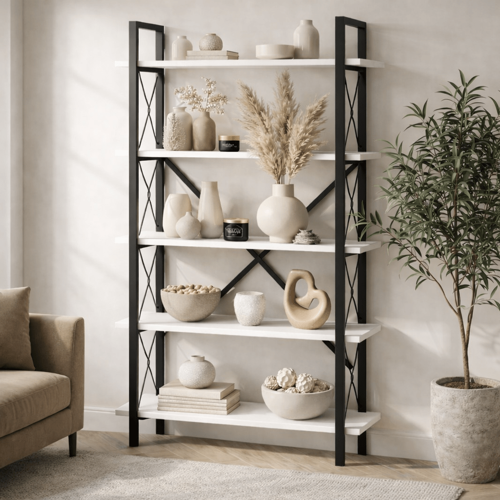 Boekenkasten - Industriële boekenkast wit melamine Ely - Zwart Frame - 180x90 cm - Dimehouse