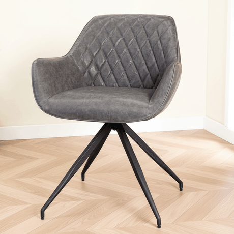 Industriele Eetkamerstoel Antraciet Gian - Kunstleer - Ruitpatroon - Met Armleuningen