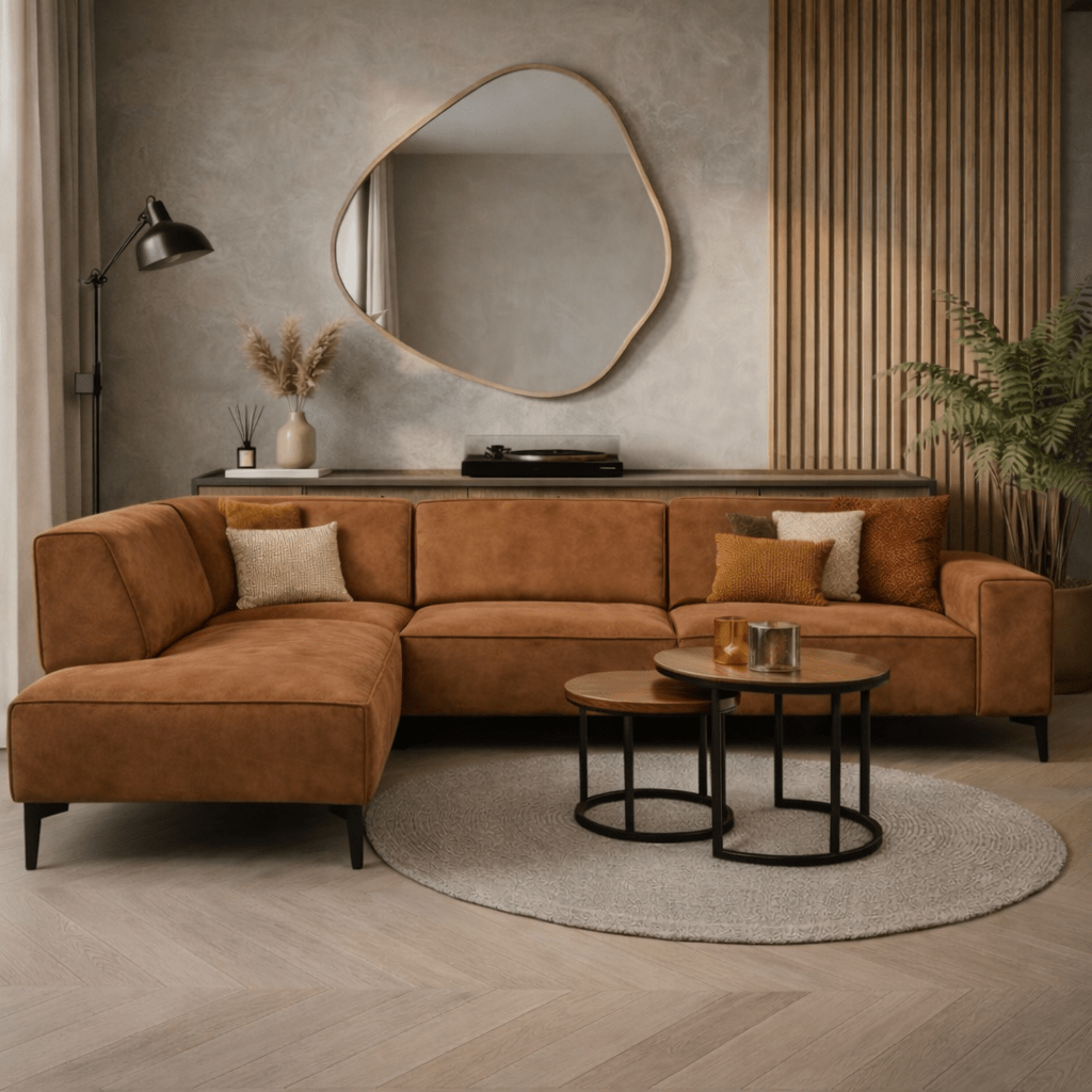 Ecksofa Brisbane cognacfarbenes Öko-Leder links