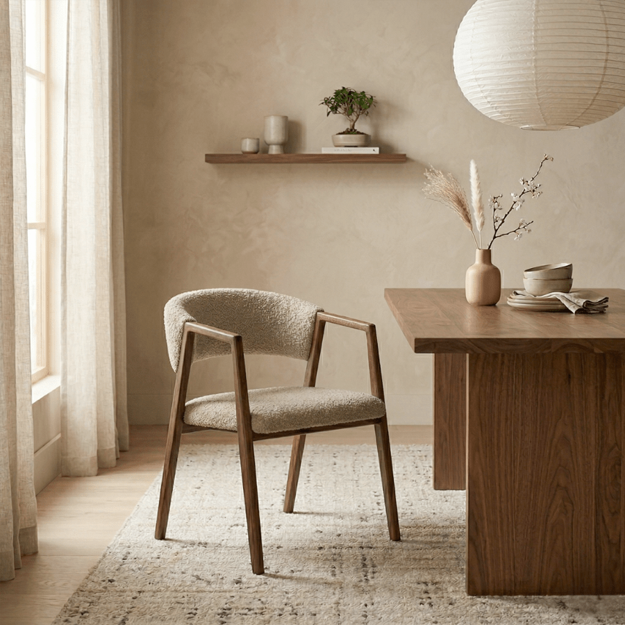 Eetkamerstoelen - Japandi eetkamerstoel zandkleur bouclé Kyo - walnoot frame - met armleuning - Dimehouse