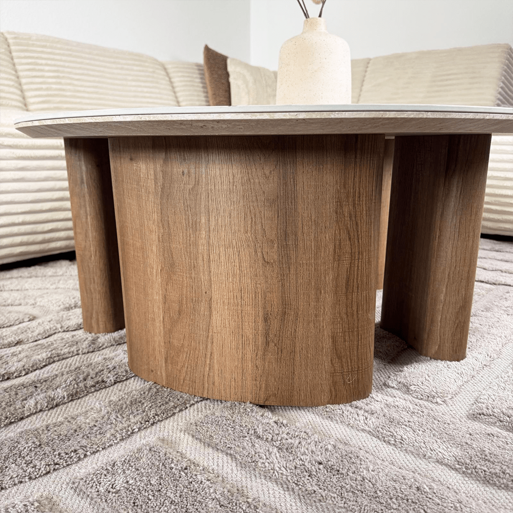 Couchtisch Set von 2 Jimi Travertinplatte mit Walnussgestell 