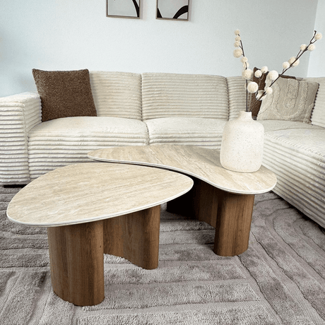 Couchtisch Set von 2 Jimi Travertinplatte mit Walnussgestell 