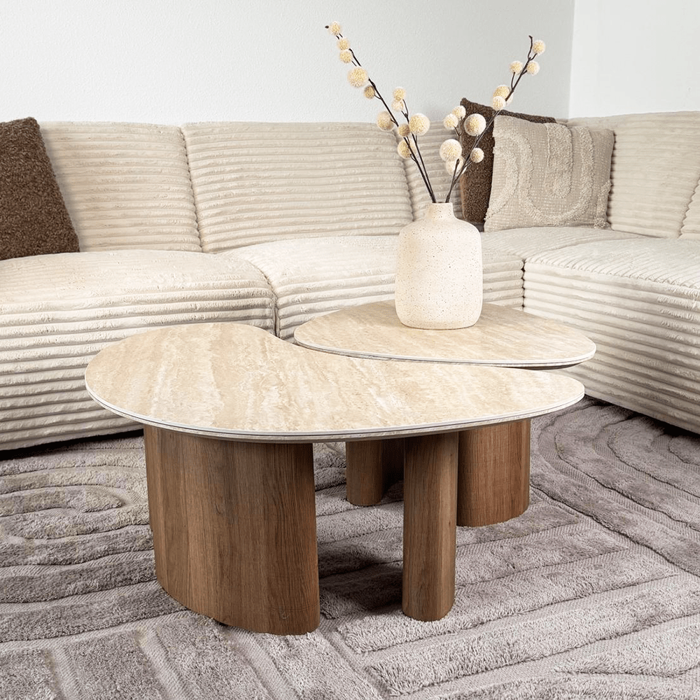 Couchtisch Set von 2 Jimi Travertinplatte mit Walnussgestell 