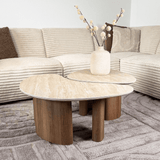 Couchtisch Set von 2 Jimi Travertinplatte mit Walnussgestell 