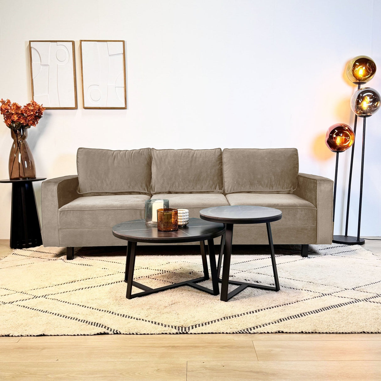 3-Sitzer Sofa Kale Velvet Crème - bequeme lose Kissen 