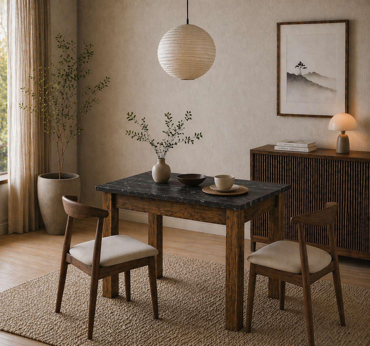 Kleiner Esstisch Walnuss mit schwarzem Melamin – 110 cm – mit Stauraum – Kara