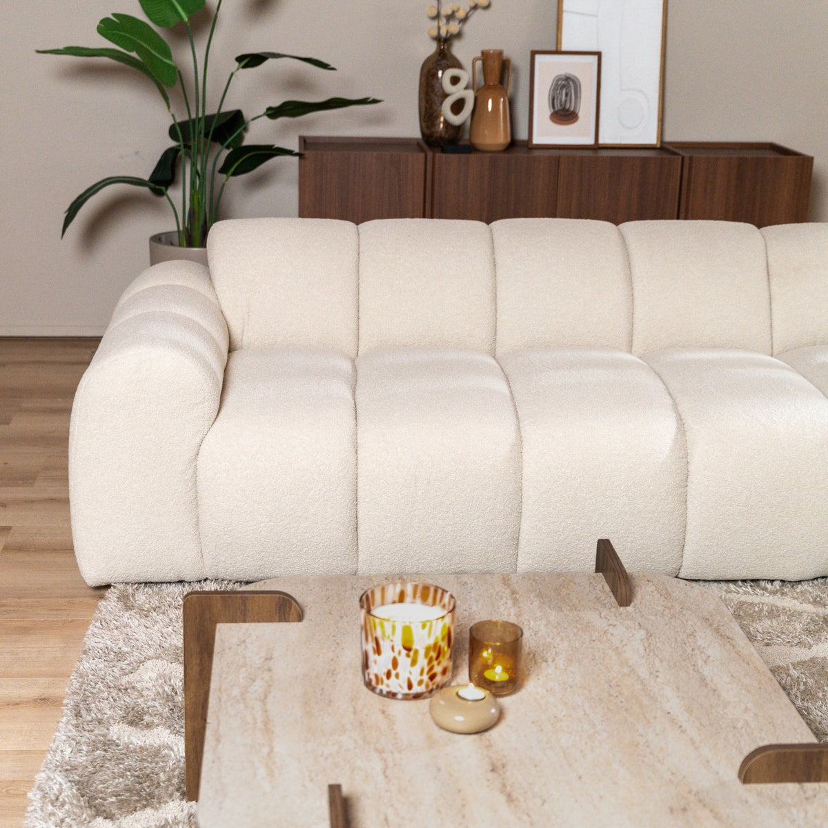 Banken-Ecksofa mit Loungebeige Bouclé Stoff - Streifen - rechts - Brix -Dimehouse