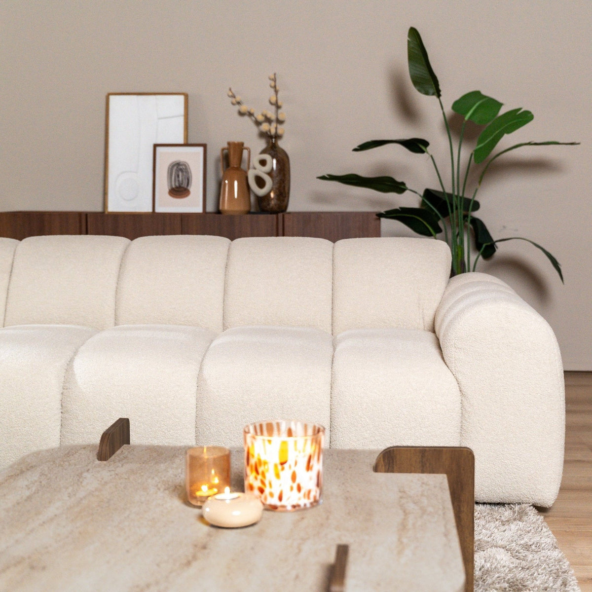 Banken-Ecksofa mit Loungebeige Bouclé Stoff - Streifen - links - Brix -Dimehouse