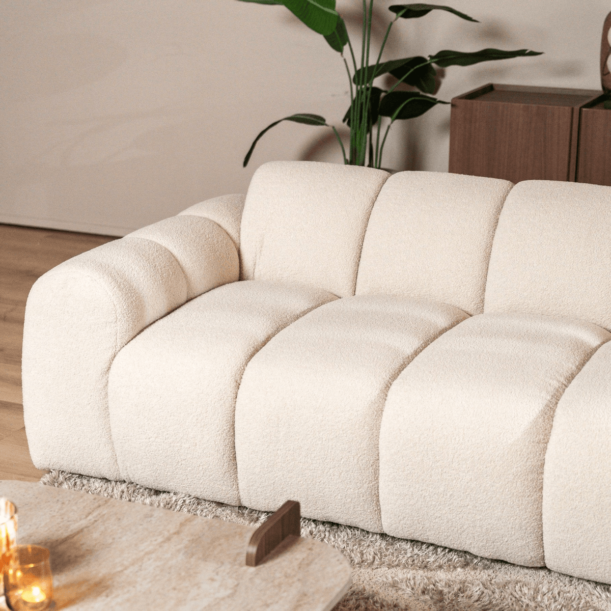 Banken-Ecksofa mit Loungebeige Bouclé Stoff - Streifen - rechts - Brix -Dimehouse