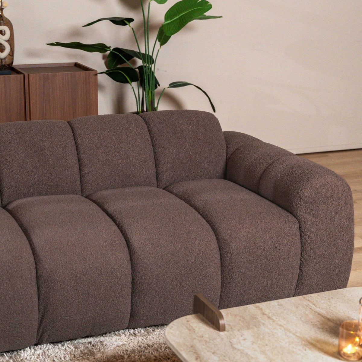 Banken-Ecksofa mit Lounge-Softbraun Bouclé Stoff - Streifen - links - Brix -Dimehouse