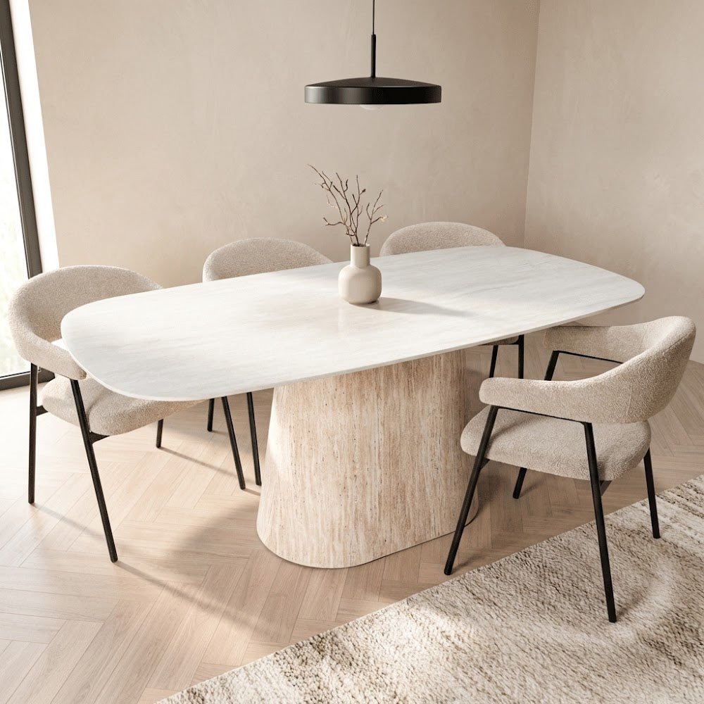 Gesinterter Stein Marmoroptik Travertin Esstisch Lea 180x90 cm - Dänisch Oval 