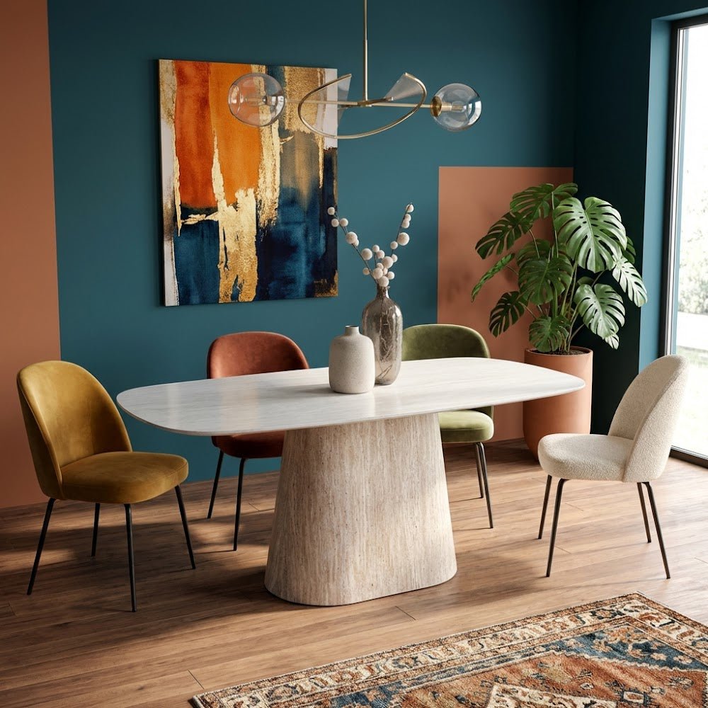 Gesinterter Stein Marmoroptik Travertin Esstisch Lea 180x90 cm - Dänisch Oval 