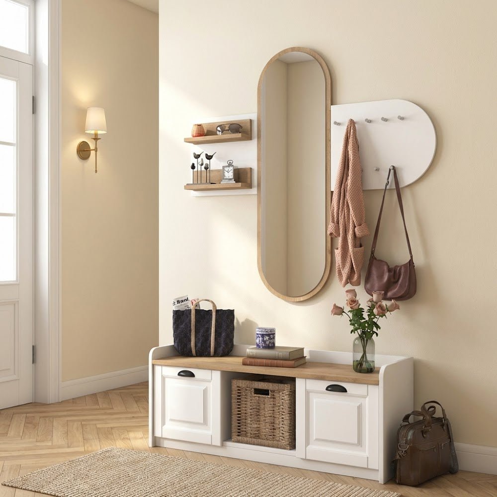 Möbelset Garderobe – Spiegel – Schuhschrank – Weiß-Walnuss-Melamin – H – Dimehouse