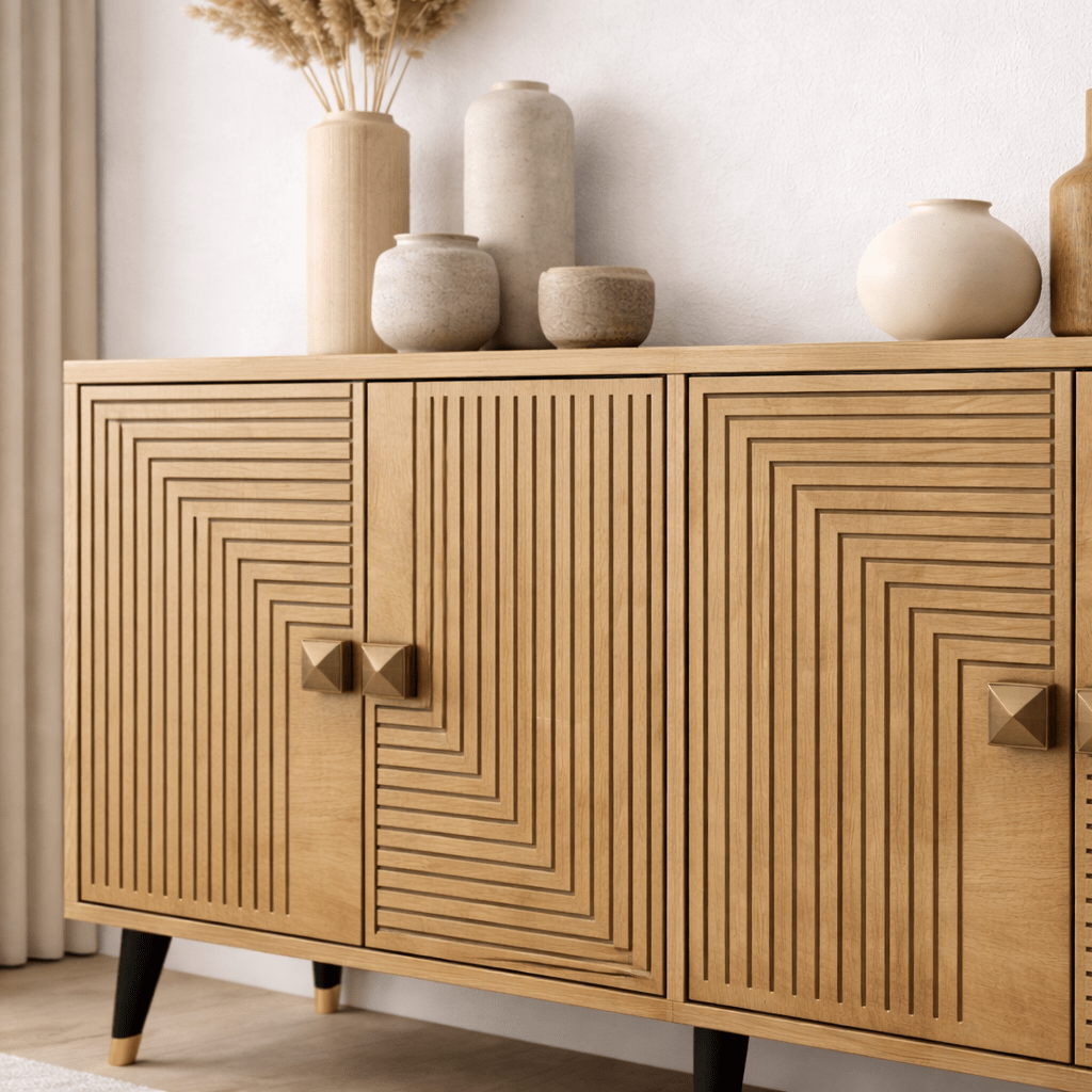 Modernes Sideboard in Saphir-Eichenoptik-Gold 120 cm Melamin Ahart