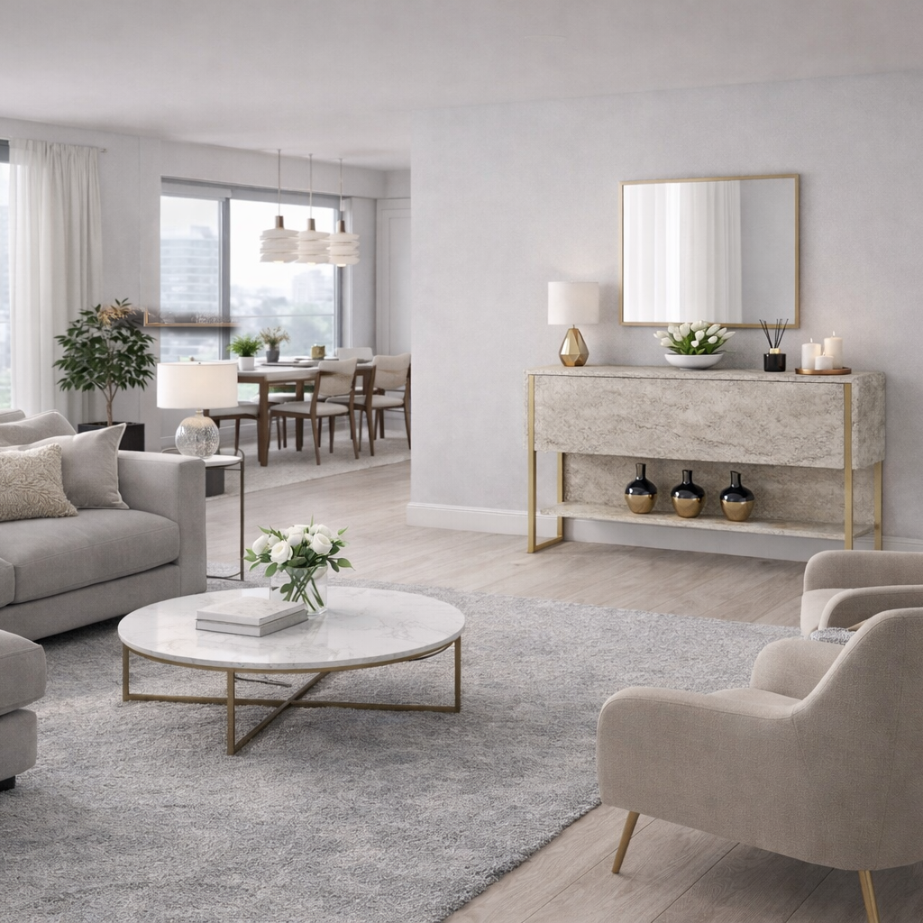 Modernes Travertin-Dressoir Luxe 120x80x30 - Goldrahmen - Ein Fach 