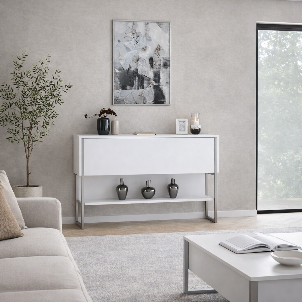 Modernes Sideboard Weiß Luxus 120x80x30 - Silberrahmen - Ein Fach 