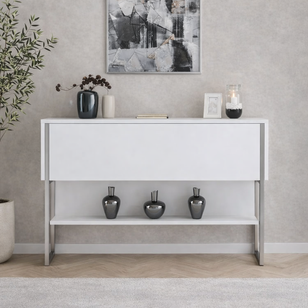 Modernes Sideboard Weiß Luxus 120x80x30 - Silberrahmen - Ein Fach 