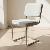 Modern Esszimmerstuhl Sway aus grauem Bouclé-Stoff – Chromrahmen – ohne Armlehnen