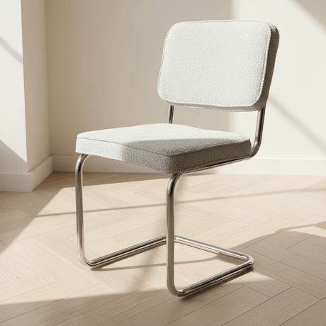 Moderner Esszimmerstuhl Sway aus grauem Bouclé-Stoff – Chromgestell – ohne Armlehnen