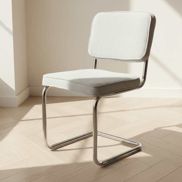 Modern Esszimmerstuhl Sway aus grauem Bouclé-Stoff – Chromrahmen – ohne Armlehnen
