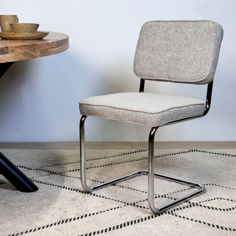Moderne Esszimmerstuhl Sandfarbe Bouclé Stoff Sway - Chromrahmen - Ohne Armlehnen