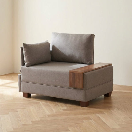 Moderne Fauteuil Beige Stof Fly - Links - Met Houten Tafeltje sfeerfoto in modern interieur