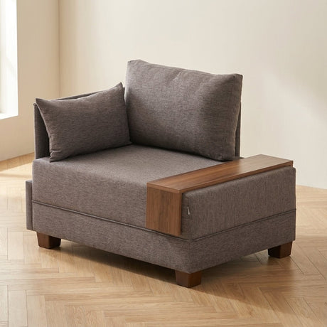 Moderne Fauteuil Bruin Stof Fly - Links - Met Houten Tafeltje sfeerfoto in modern interieur