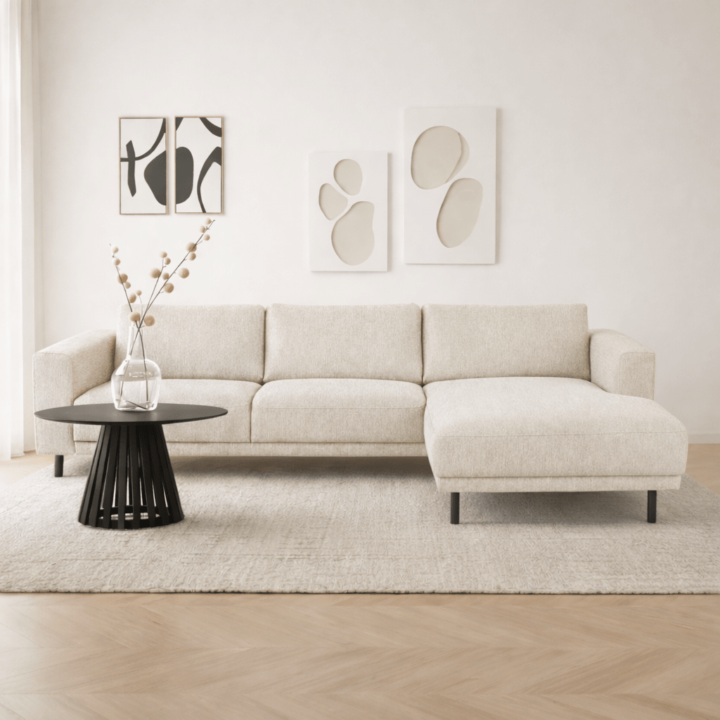 Modern Ecksofa Rechts Beige Stoff Aniko mit Chaiselongue 238x142x78 cm – Dimehouse