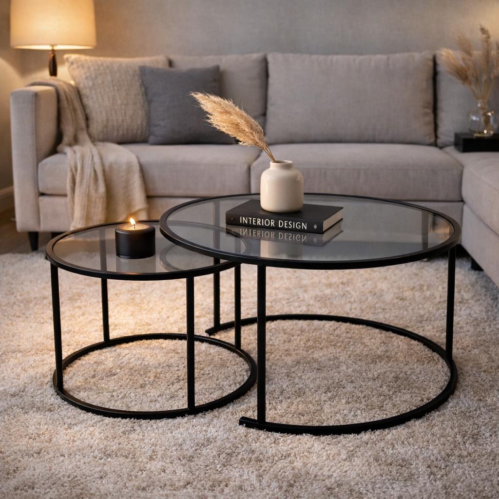 Moderne Runde Couchtisch 2er-Set Uru Schwarz - Graues Glas
