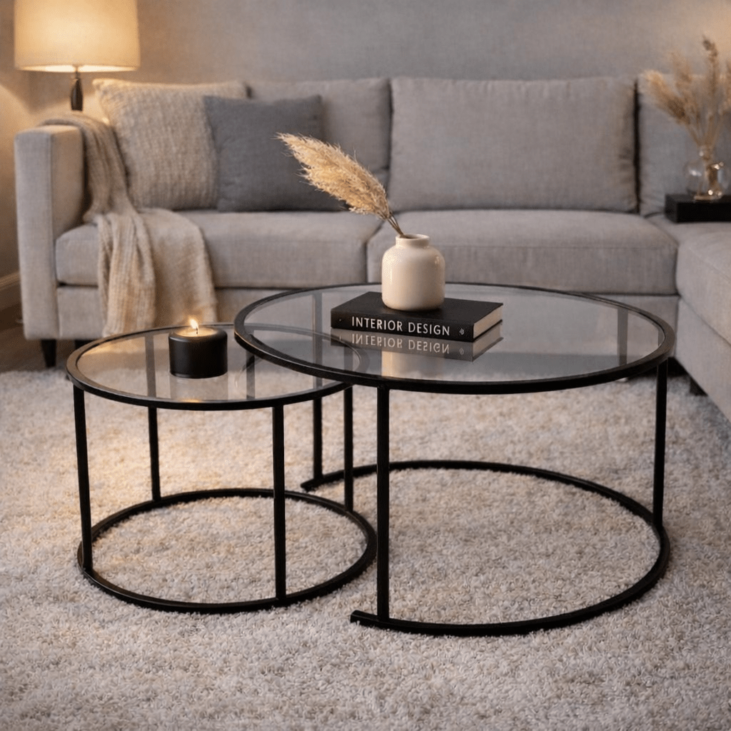 Salontafels - Moderne Ronde Salontafel Set van 2 Uru Zwart - Transparant Glas - 80/60 cm - Dimehouse