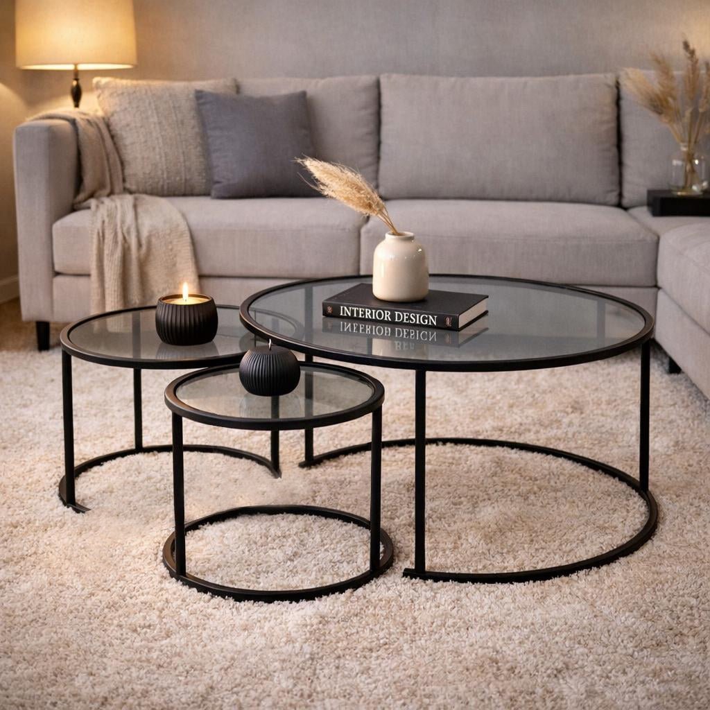 Modern Couchtisch 3er-Set Uru Schwarz - Graues Glas