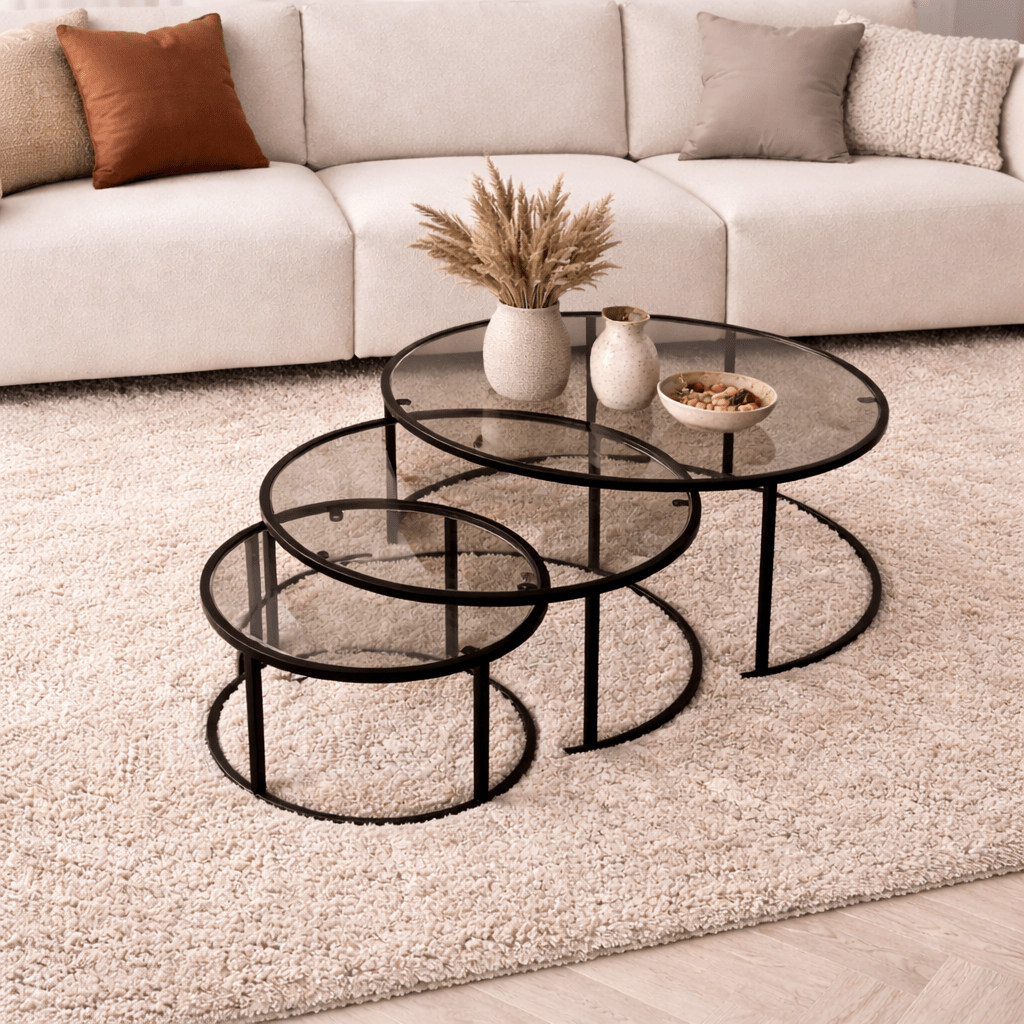Salontafels - Moderne Salontafel Set van 3 Uru Zwart - Grijs Glas - 80/60/42 cm - Dimehouse