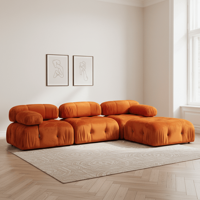 Modulaire XXL hoekbank Bubble met hocker - velvet oranje